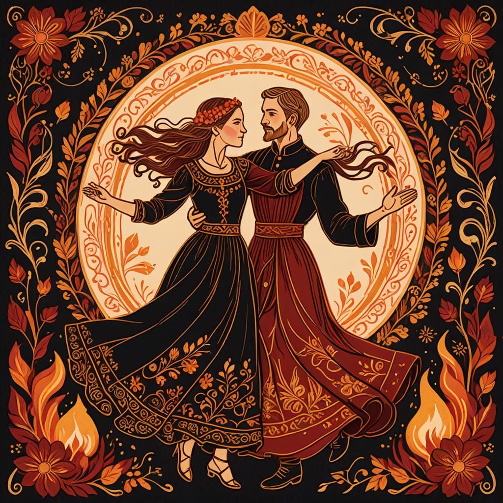 Folk Dance by Golden Firelight in Art Nouveau Style