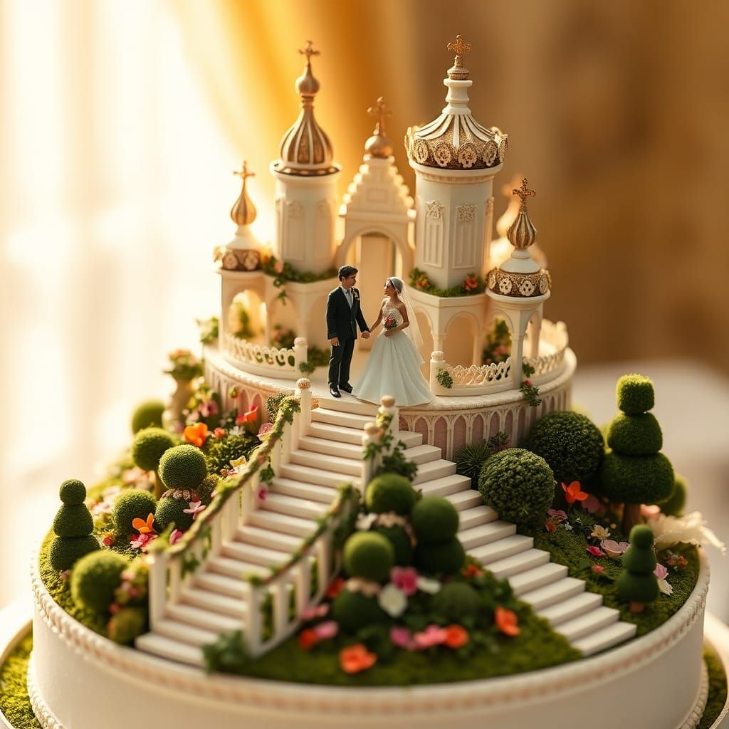 a miniature pride and groom characters standing above a big wedding cake in the shape of wedding palace in the middle of...