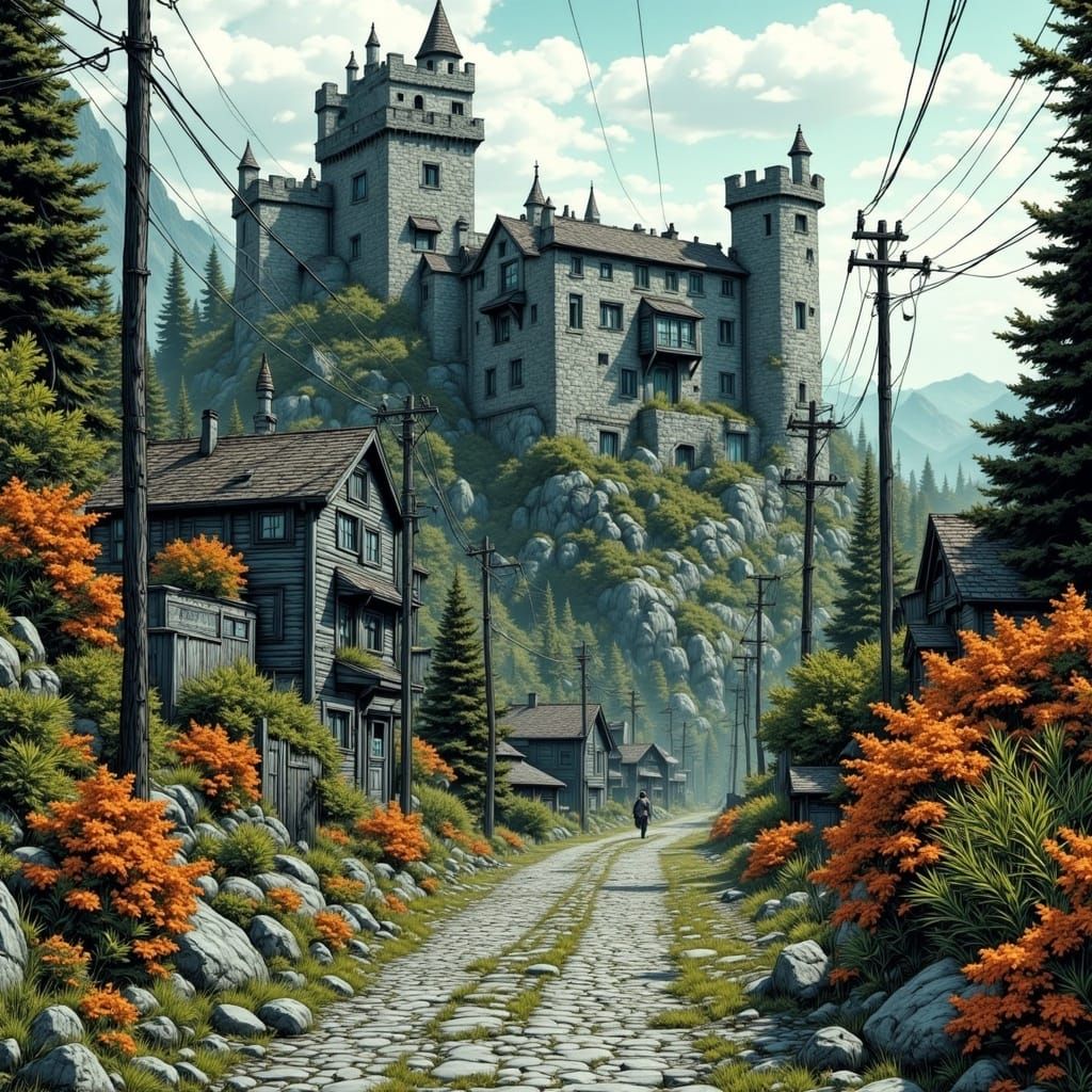 Cyberpunk Castle Walks Through Deserted Hills in Selective C...