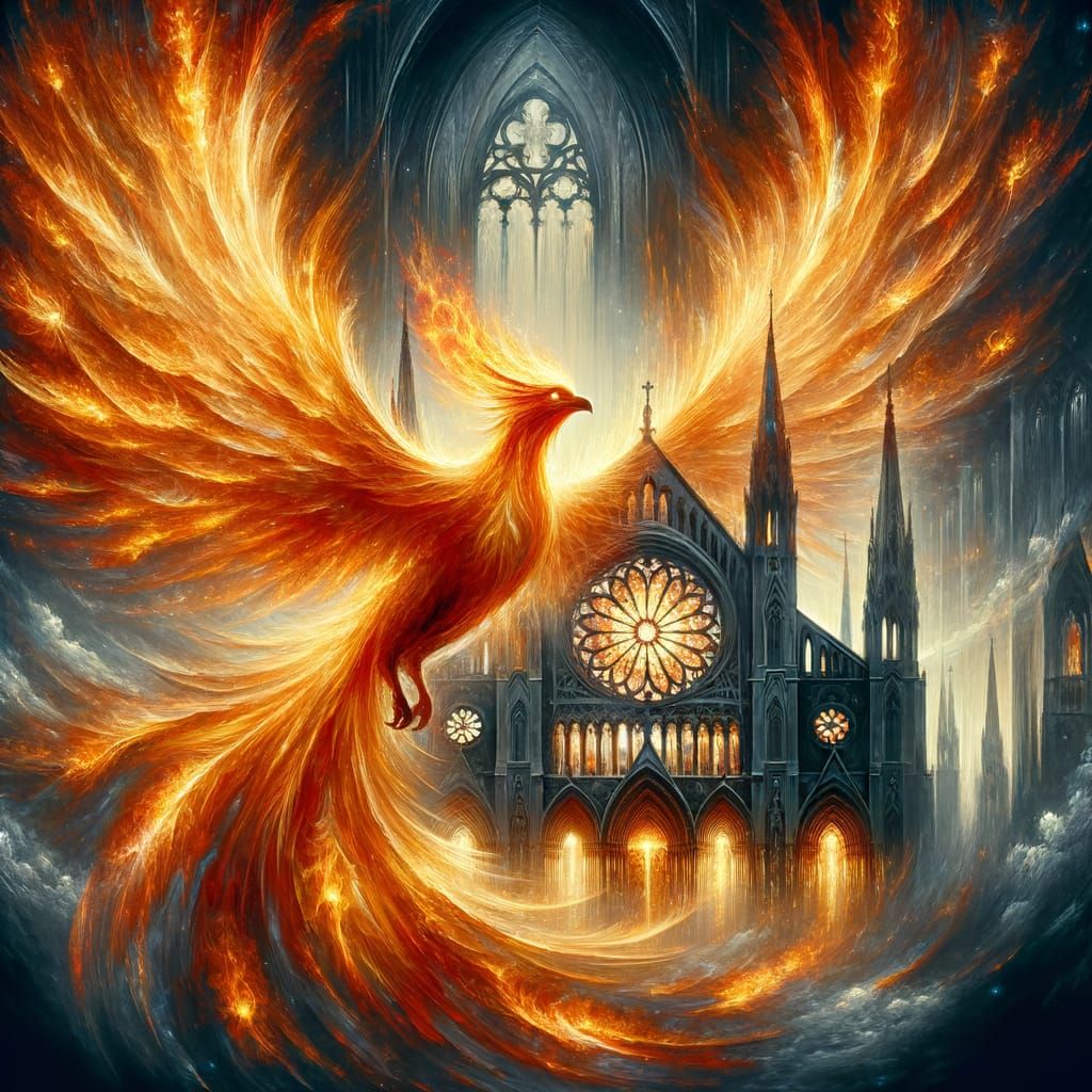Phoenix and Cathedral in Flame: Impasto Oil Painting
