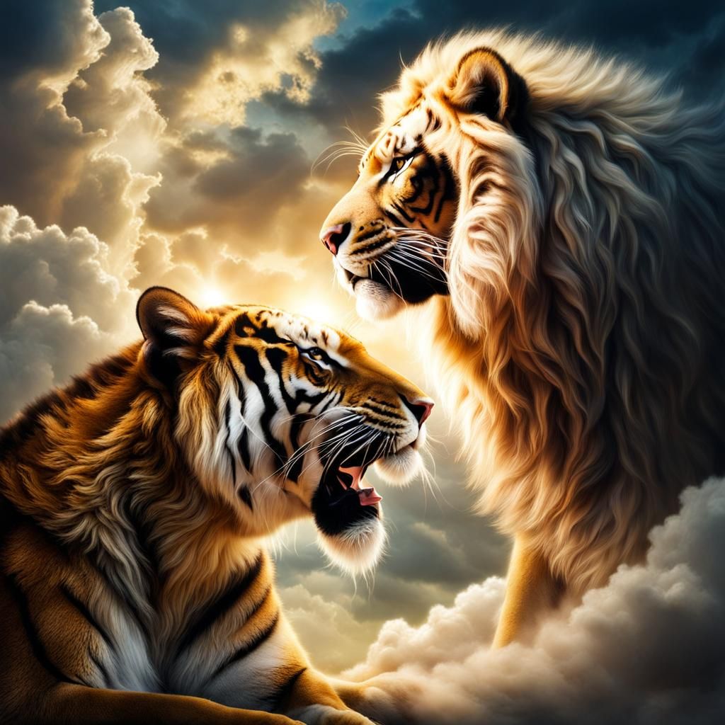 Cloud Lion and Tiger Battle in Divine Light