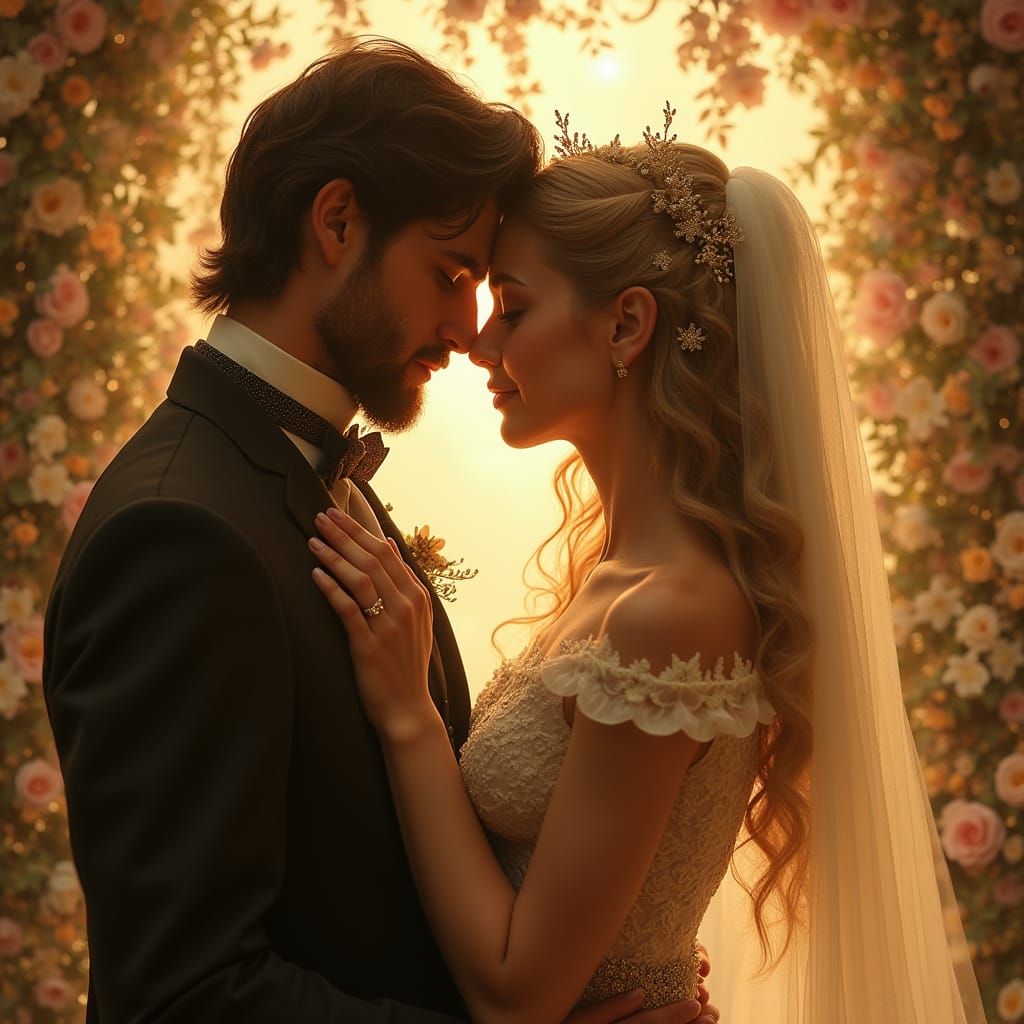 Romantic Embrace in Art Nouveau Style