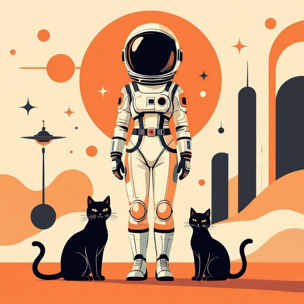 Mid-Century Astronaut with Cats in Utopian Future