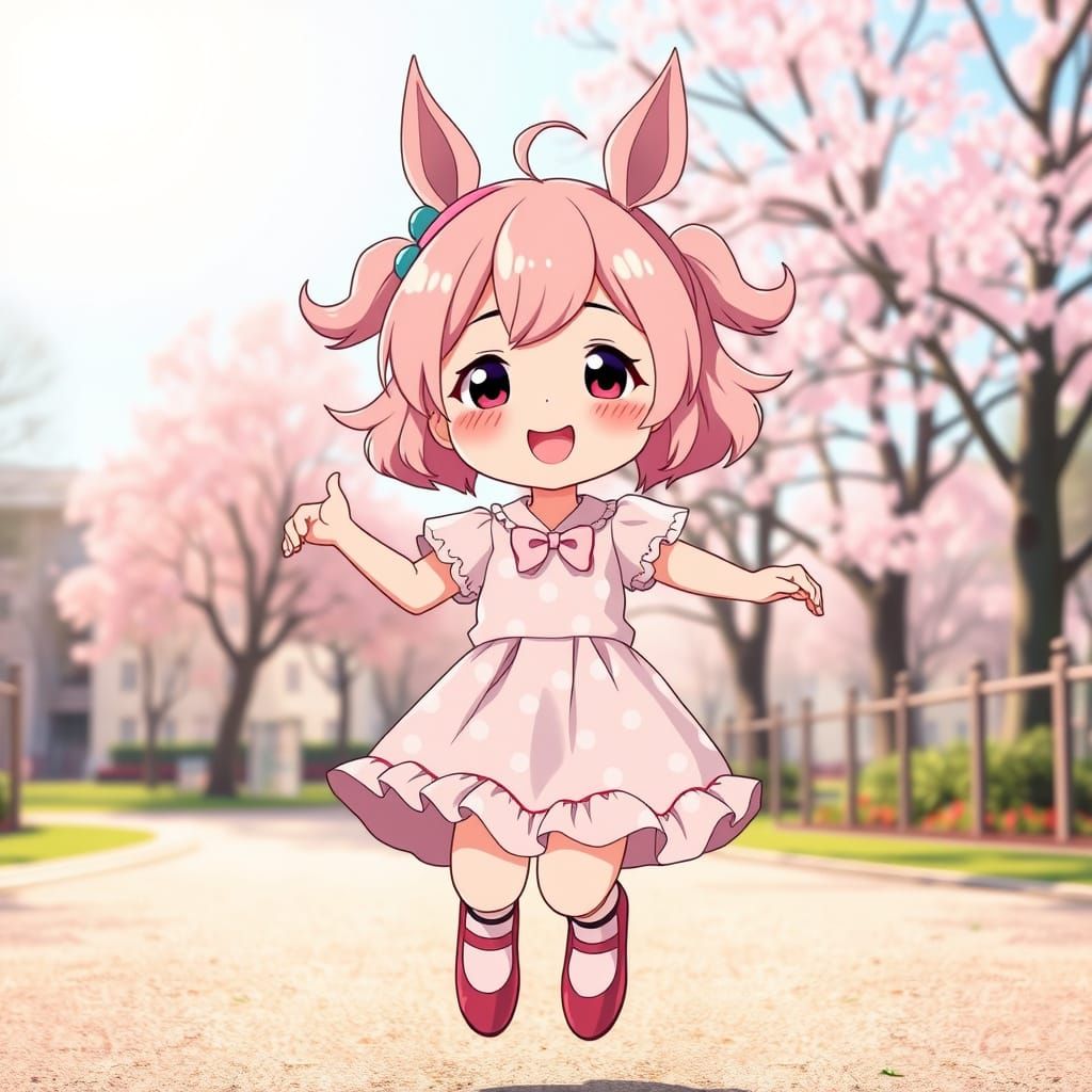 Whimsical Girl Jumps Rope in Spring Park with Anime-Inspired...