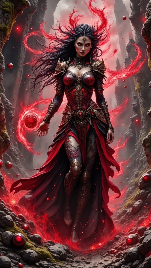 Bloodwytch Sorceress Commanding Crimson Energy in Ruins