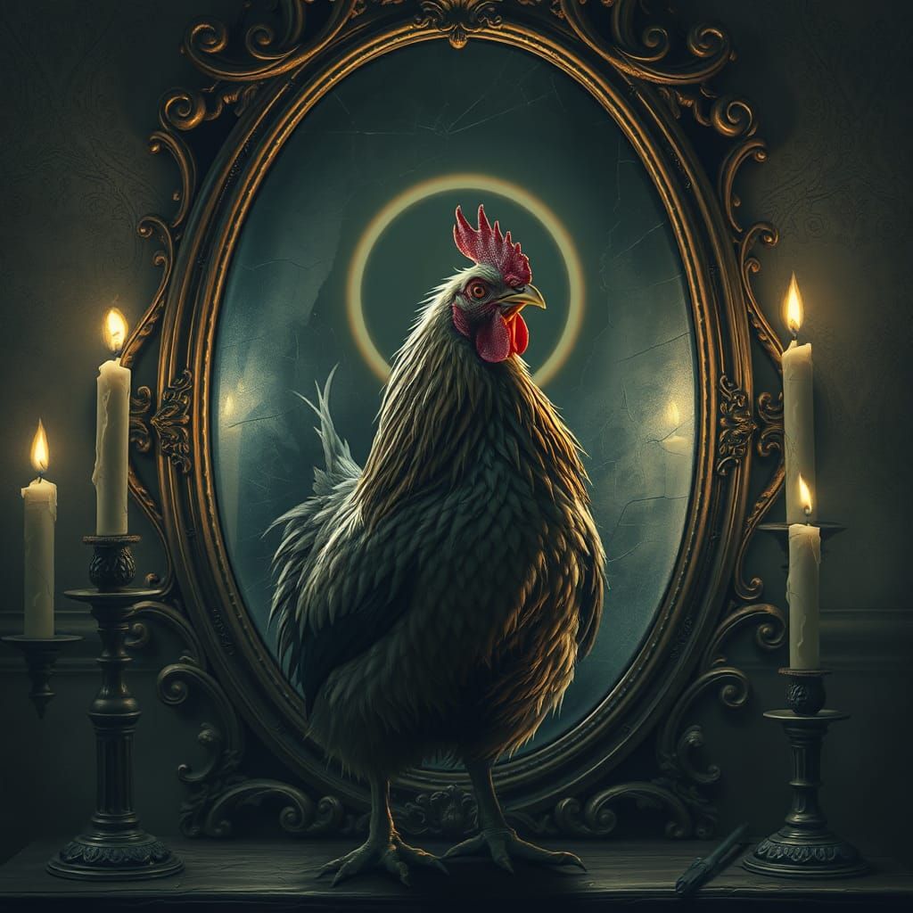 Eerie Chicken and Haunted Mirror Reflection