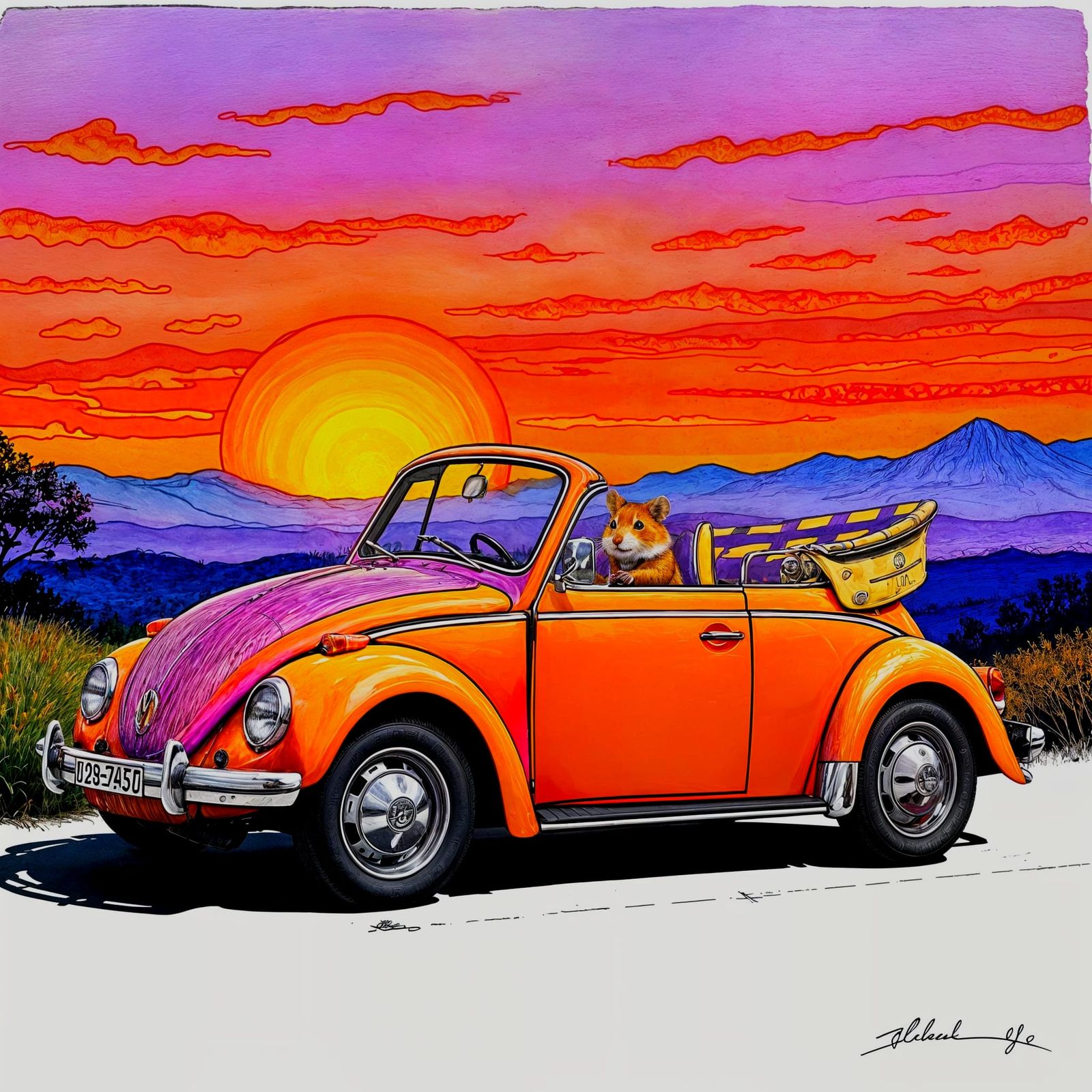 Vibrant VW Beetle Cabriolet Driven by Hamster in Whimsical S...