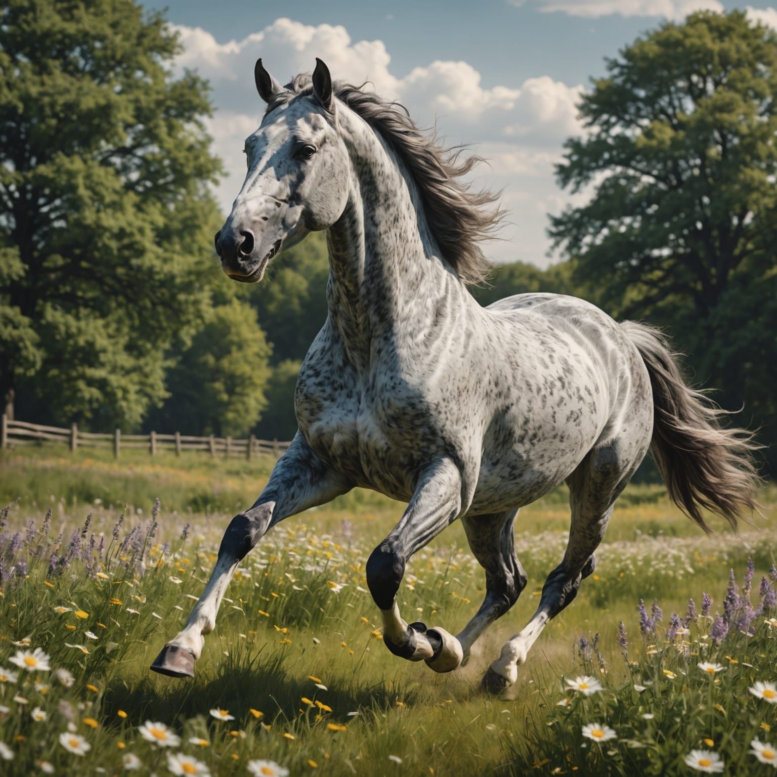Dapple-Gray Thoroughbred Galloping Through Blooming Meadow