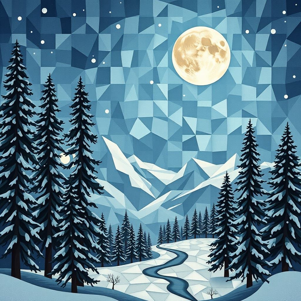 Winter Moon Mosaic Artwork in Geometric Abstraction