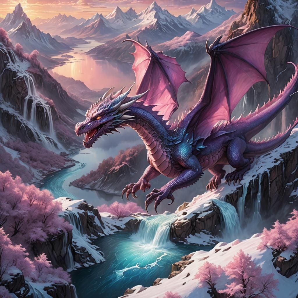 Majestic Dragon Flight Over Snowy Mountain Sunset