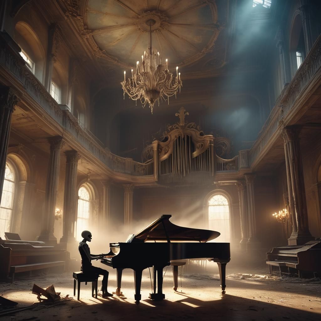 Skeletal Spirit Plays Piano in Abandoned Concert Hall
