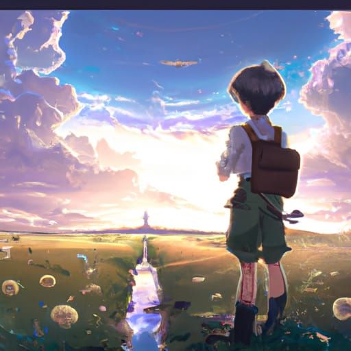 Anime Boy Army Praying in Field: Ghibli Style