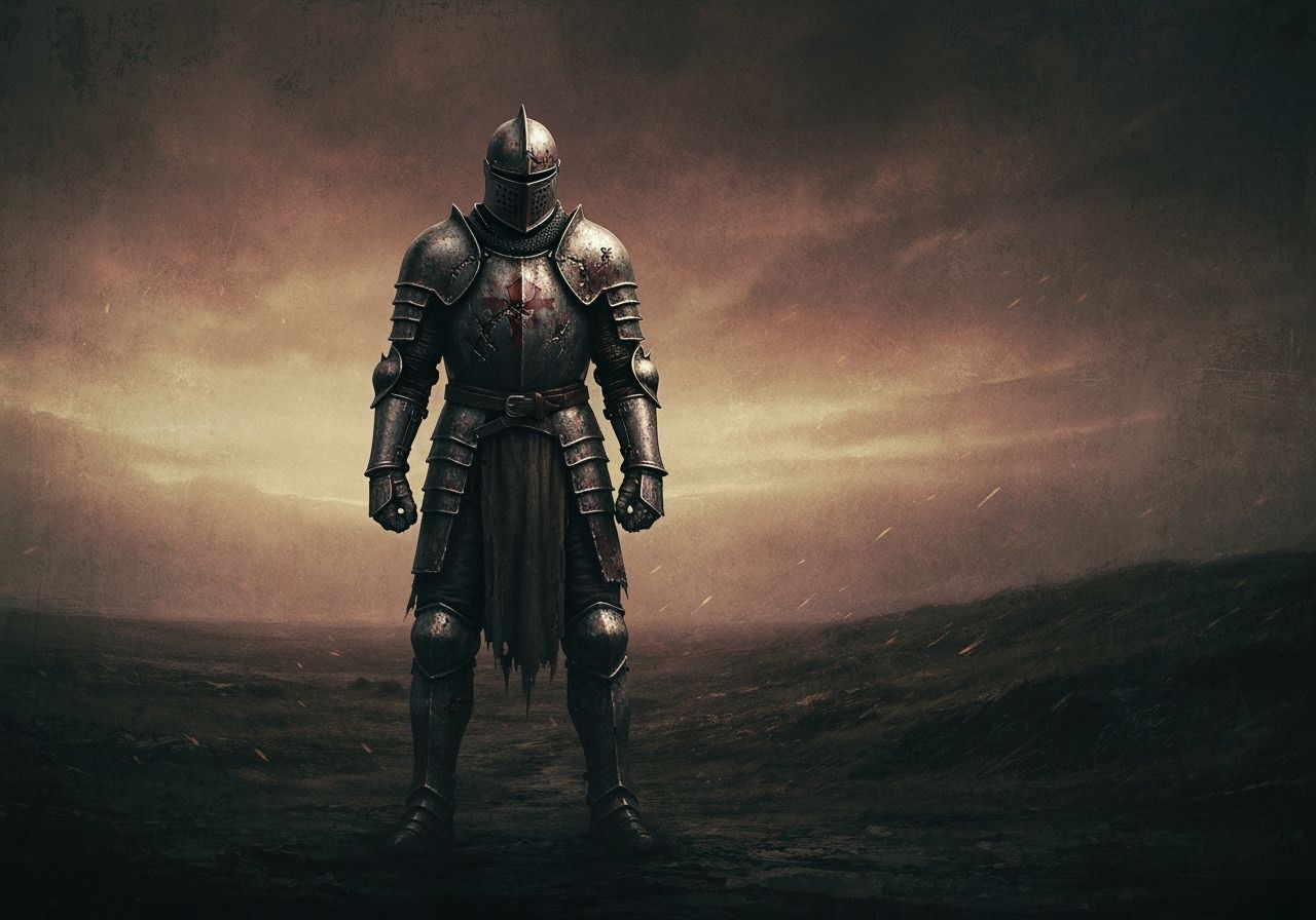 Grimdark Knight Guards Desolate Moor in Twilight
