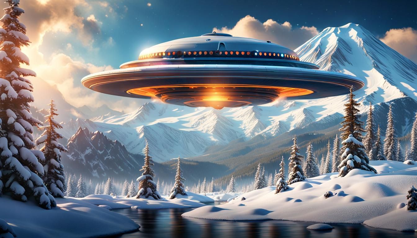 "Flying Saucer" hovering near snow-covered Mt. Shasta