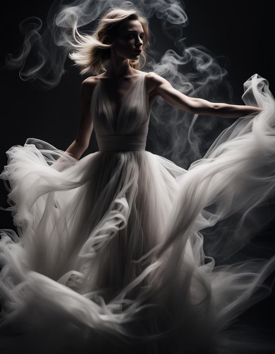 Dynamic White Tulle Dress on Black Background