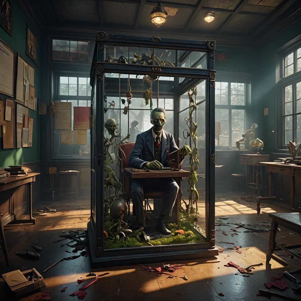 Zombie Teacher in Glass Box: Detailed Matte Painting