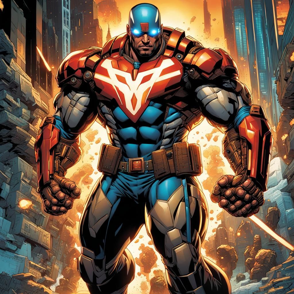 Cybernetic Hero Ready for Battle, Comic Book Art