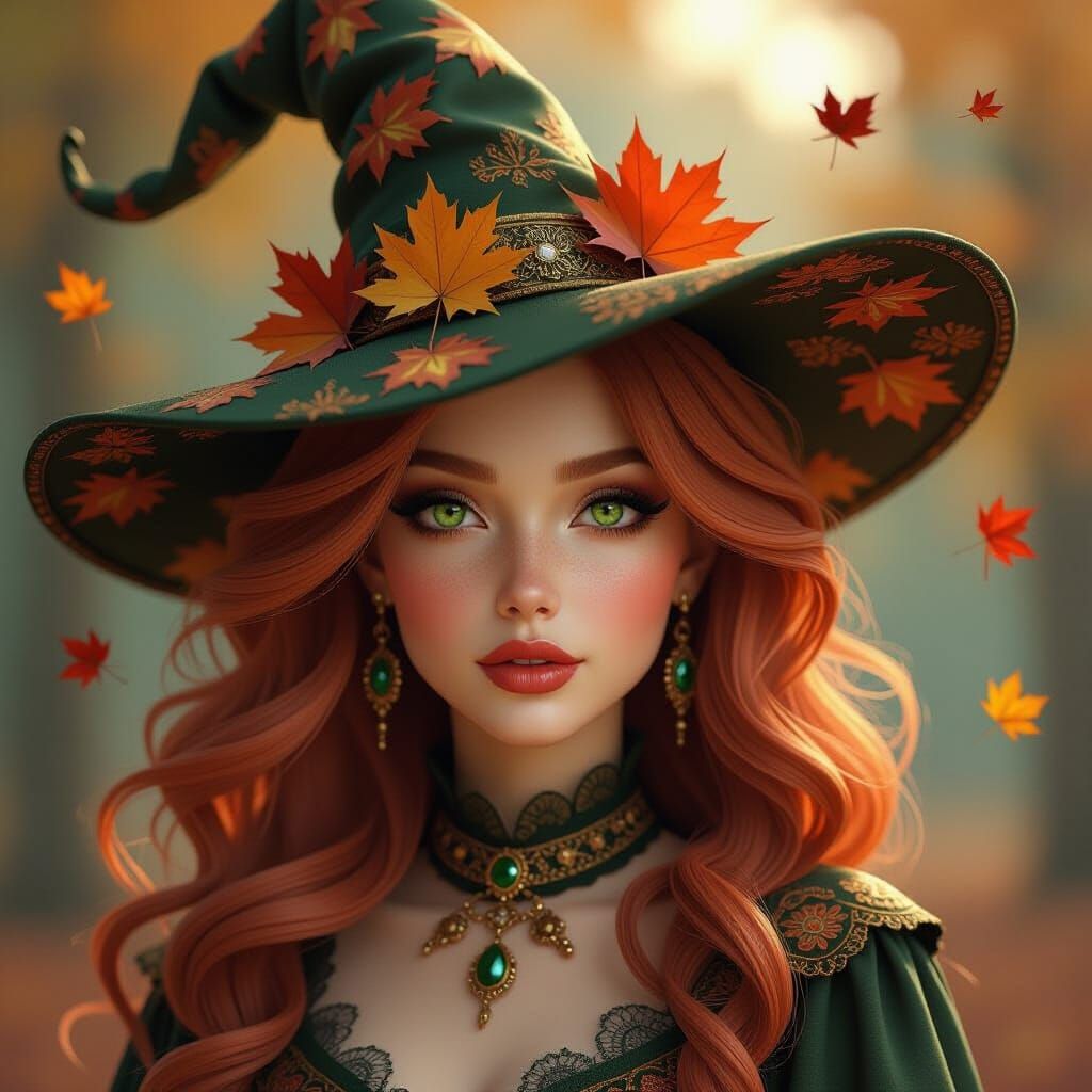 Surreal Autumn Witch Portrait in Digital Matte Style