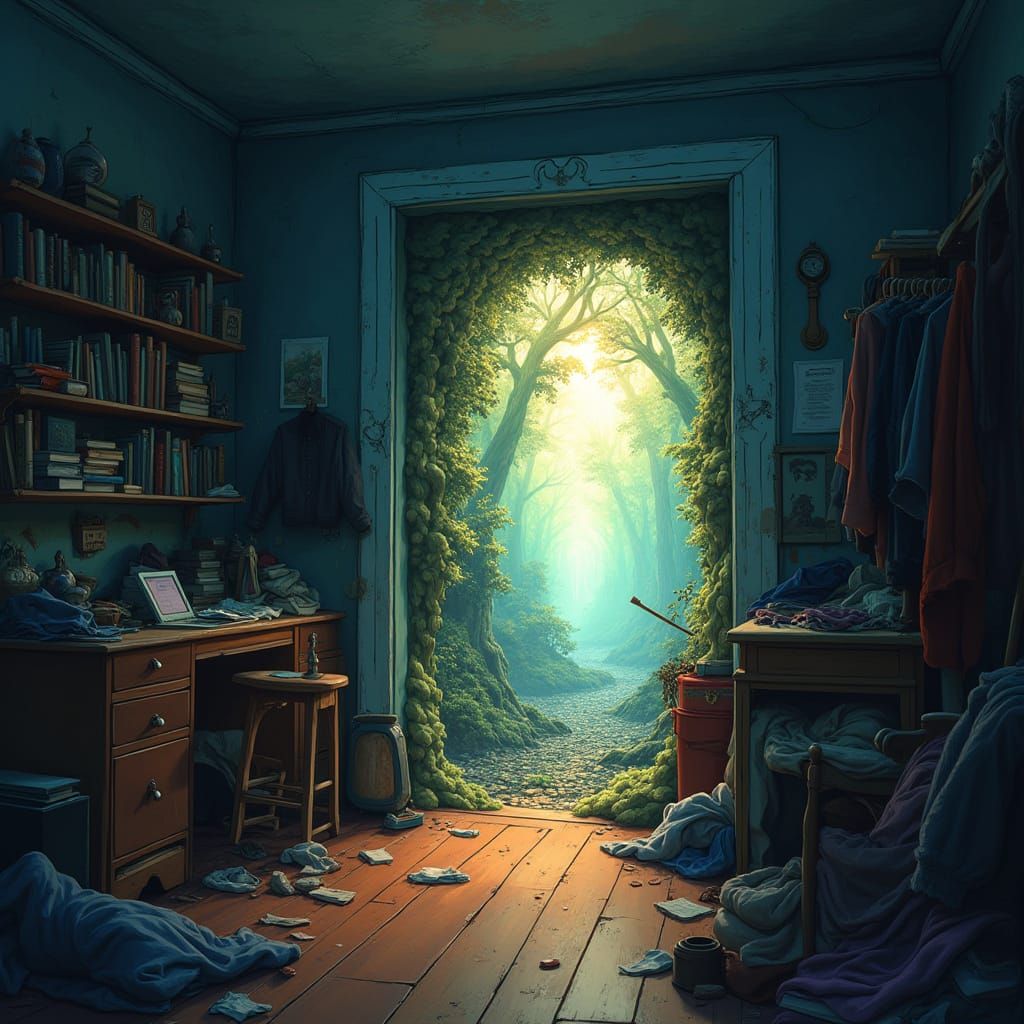 Ethereal Portal to Primeval Forest in a Cluttered Bedroom