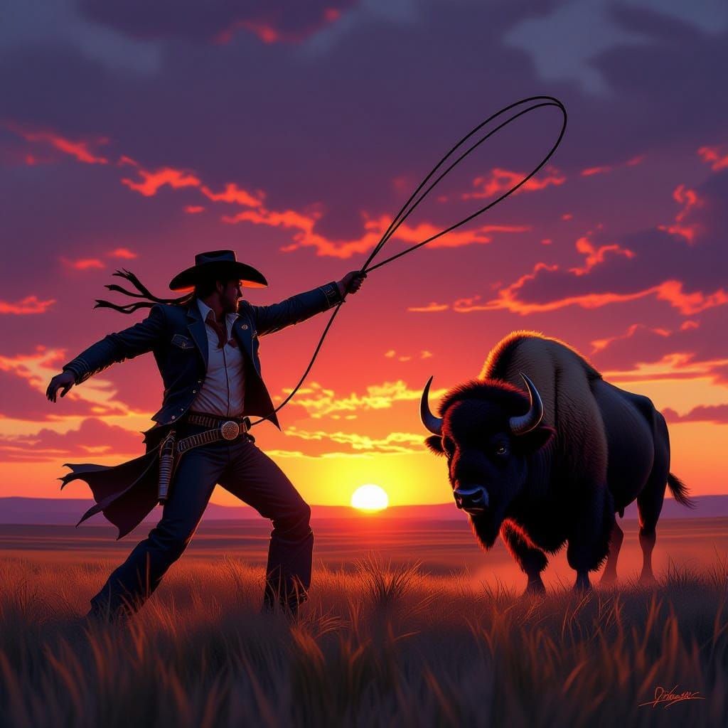 Cowboy Lassoing Bison at Sunset in Western Style