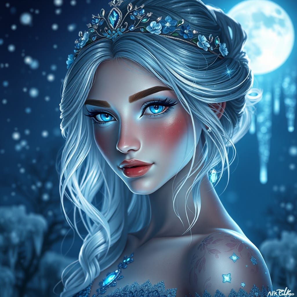 Icy Princess Portrait with Flowers and Berries