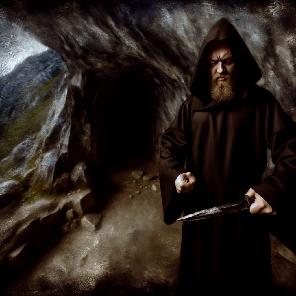 Cultist in Cavern: Macabre Oil Painting