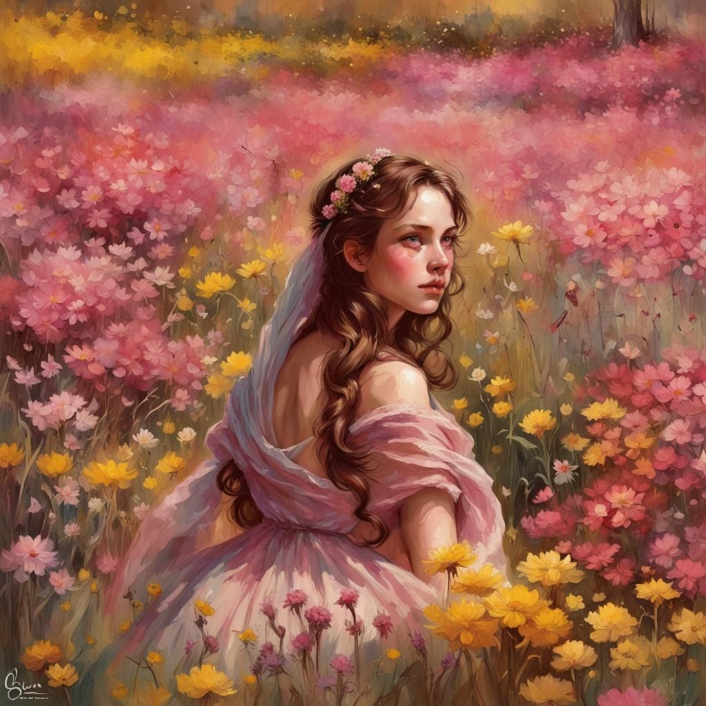 Renaissance Maiden in Floral Field, Pin-Up Art