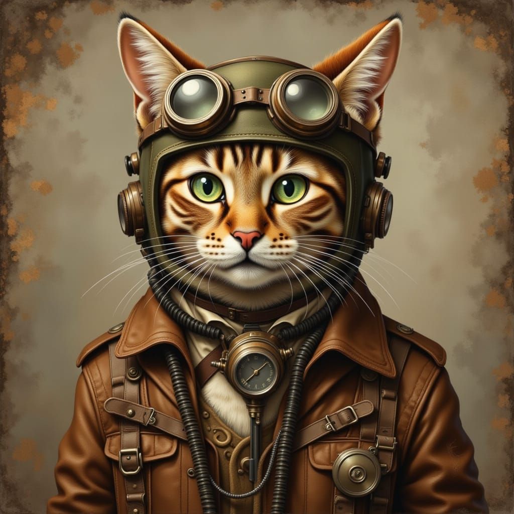 Steampunk Tabby Cat Portrait With Aviator Goggles