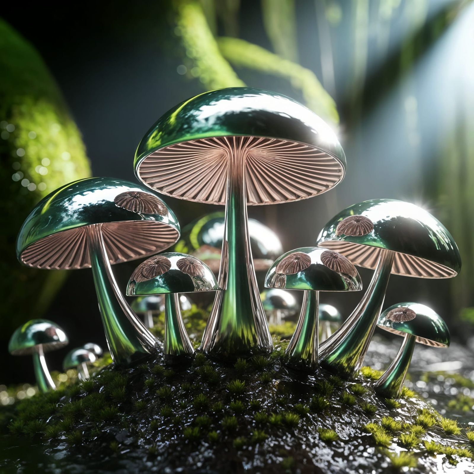 Chrome Mushroom Forest in Futuristic 3D Rendering