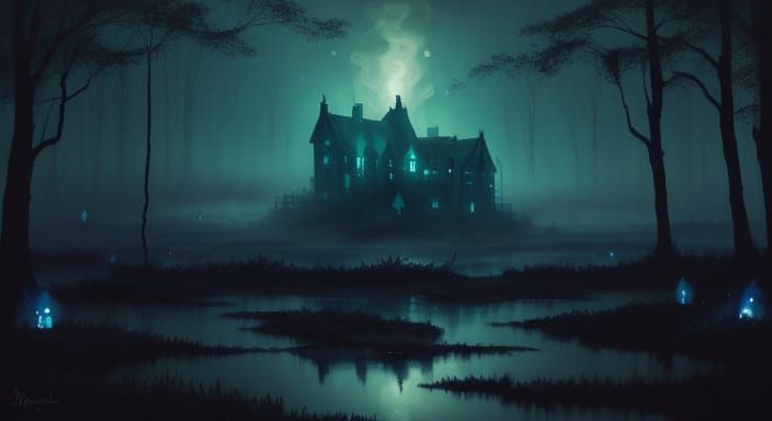 Oil Painting of Ethereal Wisps Luring Travelers in Dark Swam...