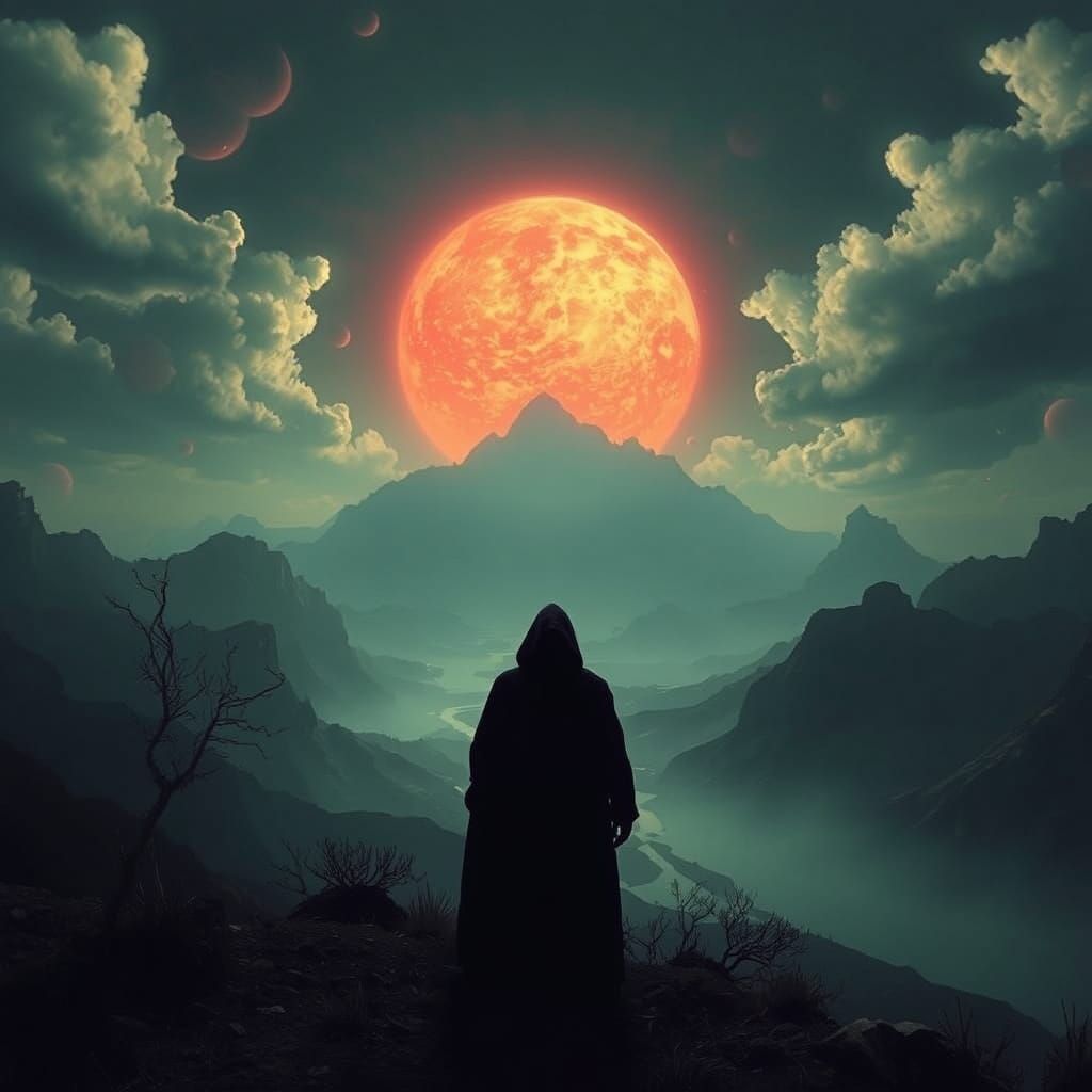 Dark Figure Before Distorted Landscape with Black Sun