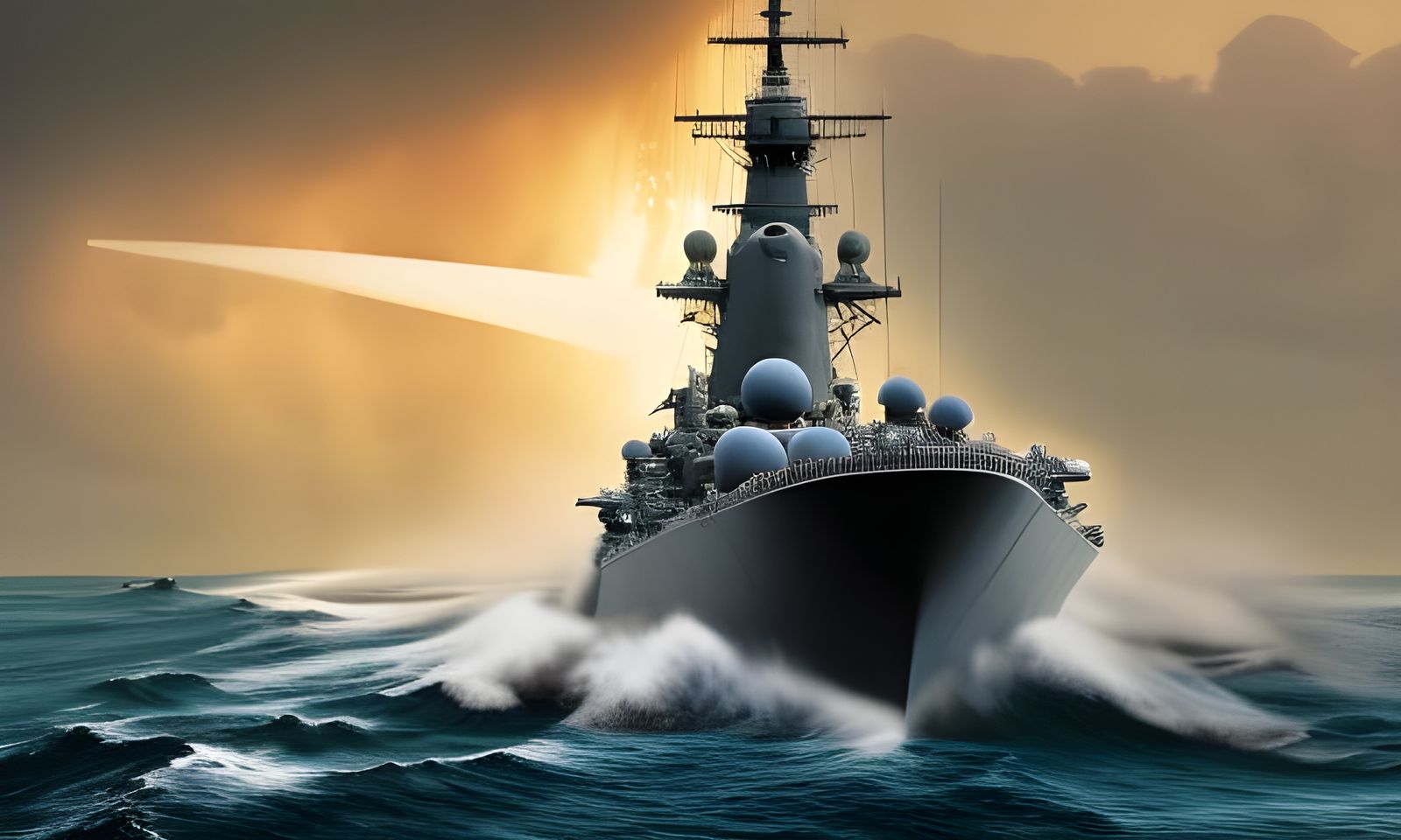 Battleship on Raging Ocean Waves at Sunset