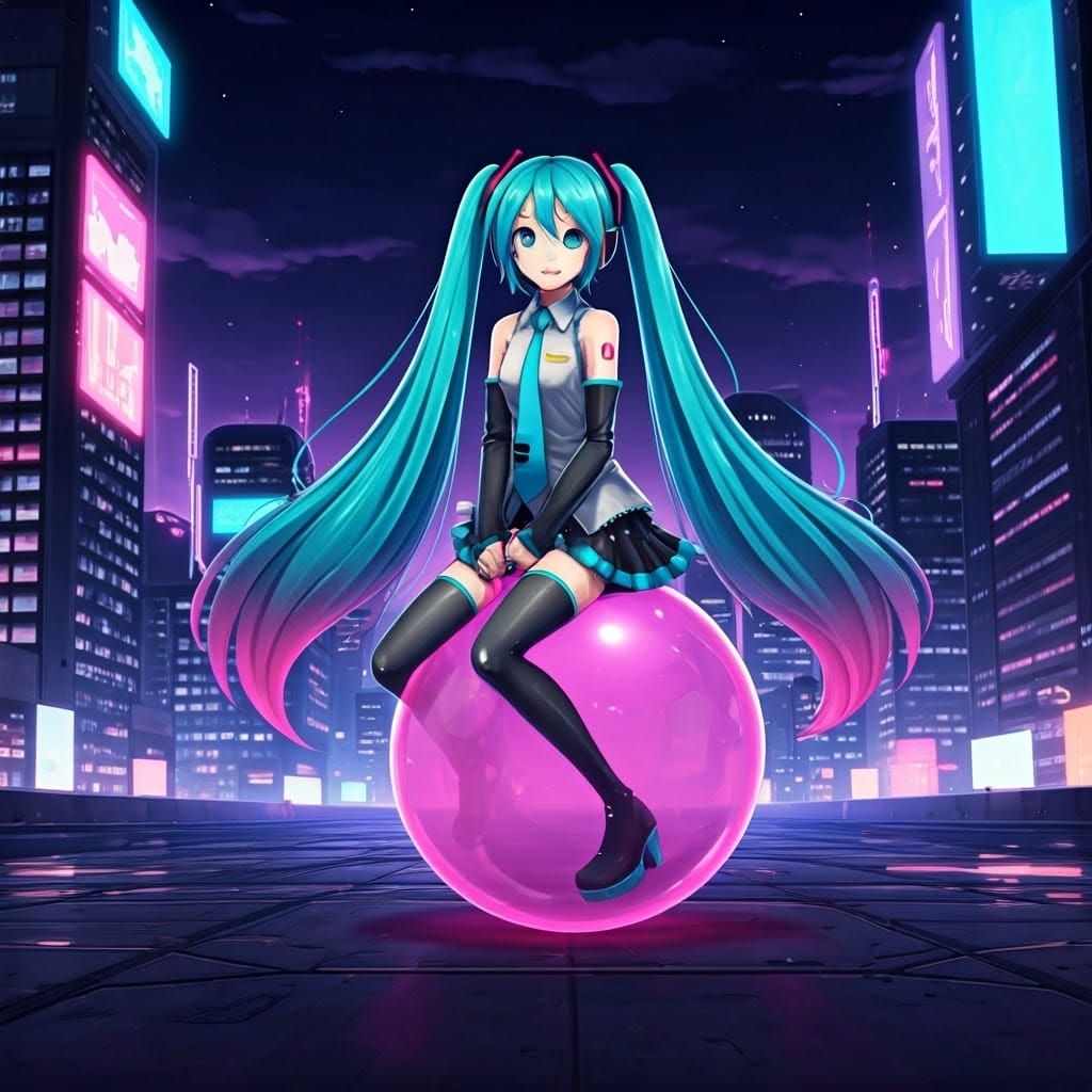 Hatsune Miku Leaps on a Glowing Hopper Ball in Neon Night Ci...
