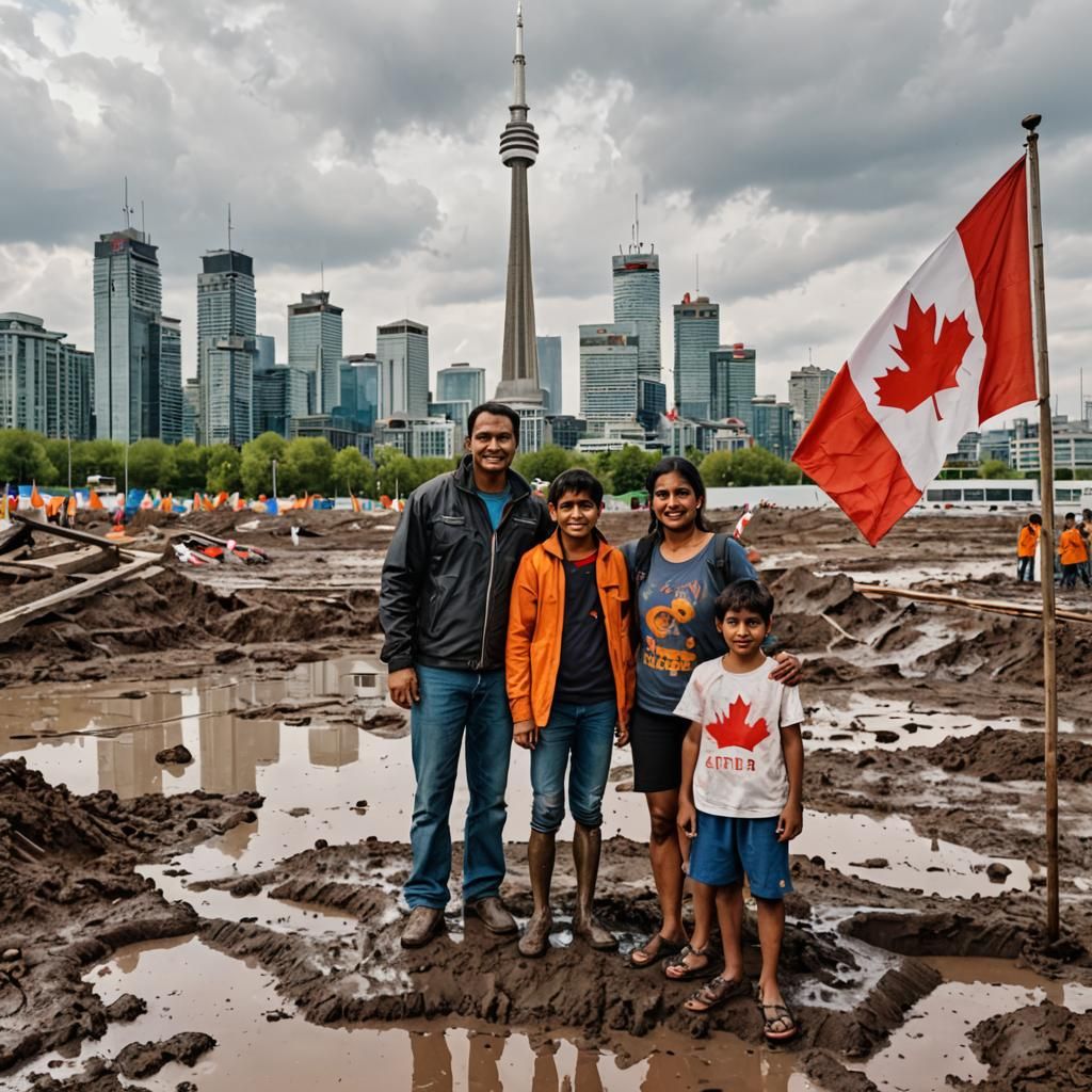 Hindu Family at CN Tower in Muddy Landscape
