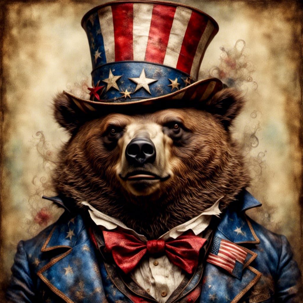 Obese Uncle Sam Grizzly Bear Portrait
