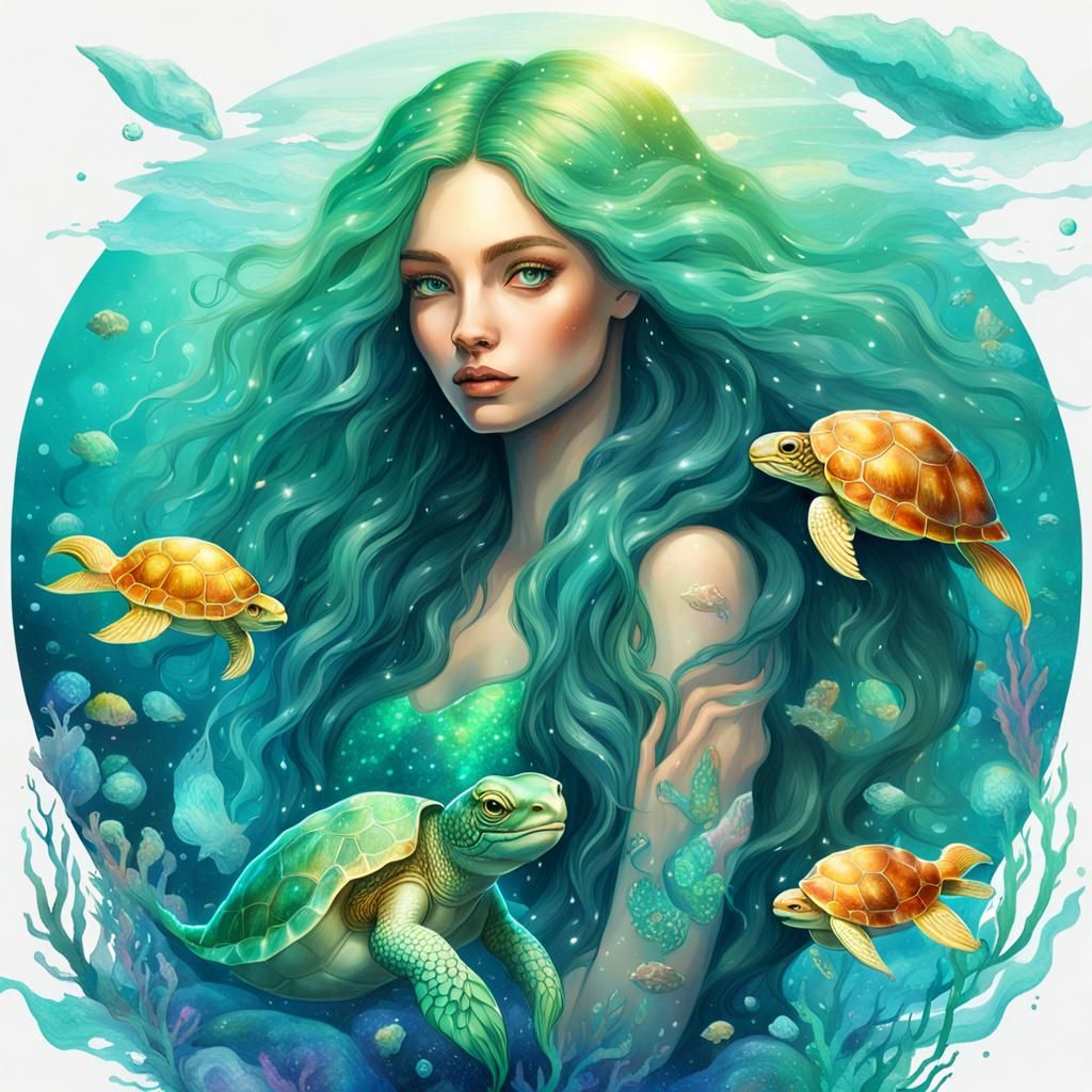 Underwater Mermaid with Turtle, Astral Illustration