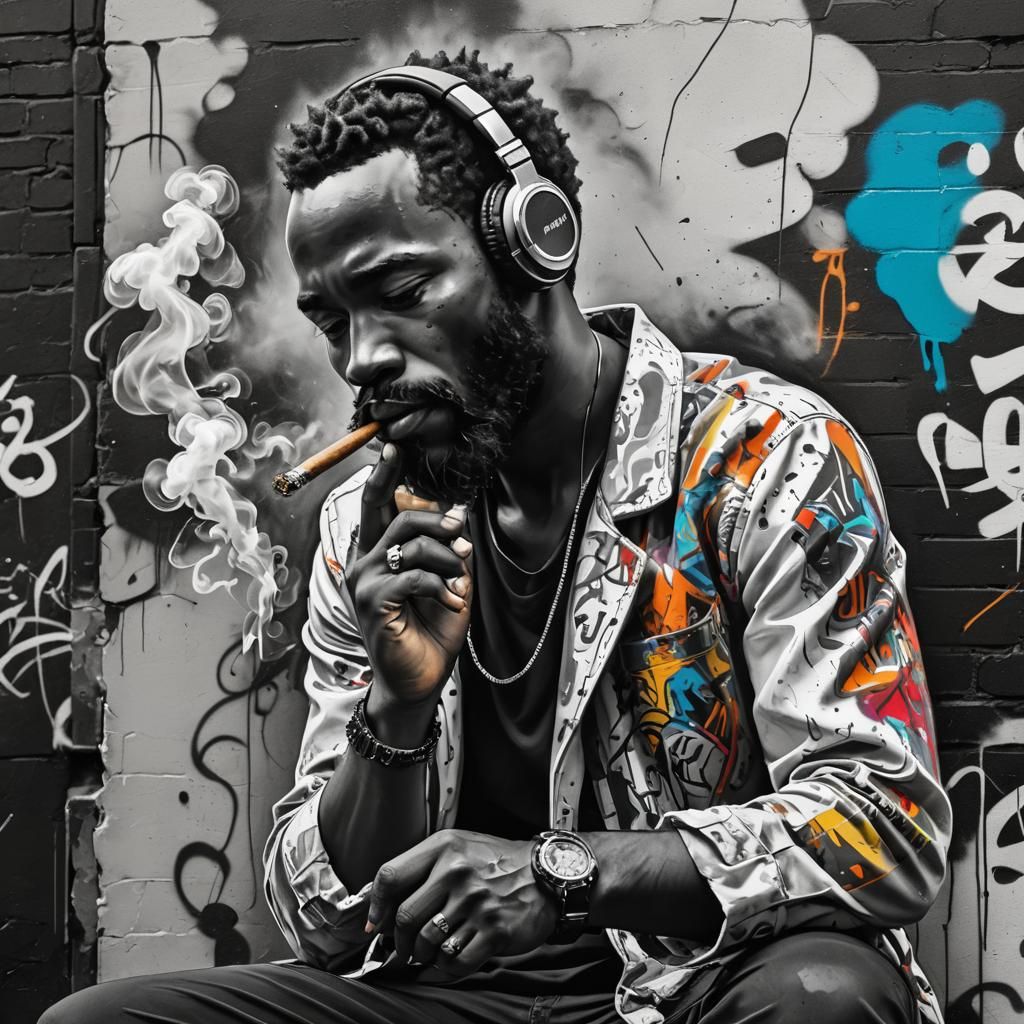 Bearded Man Smoking Cigar in Graffiti Street Art