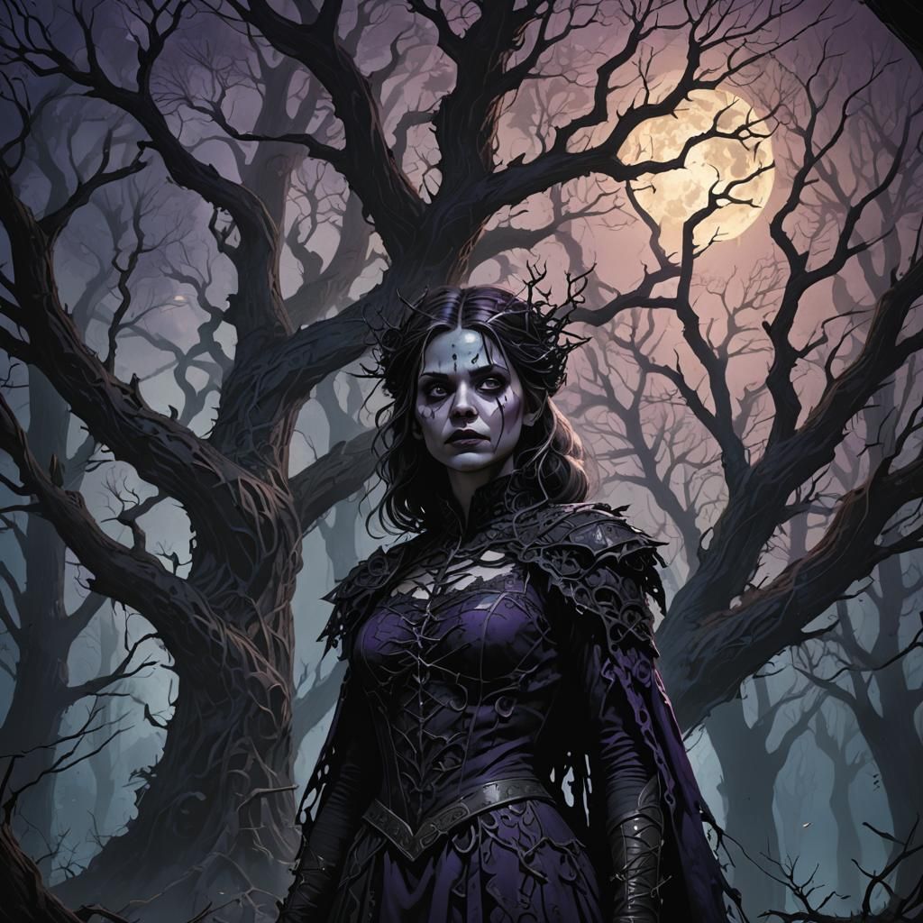 Eerie Halloween Girl in Dark Fantasy Forest