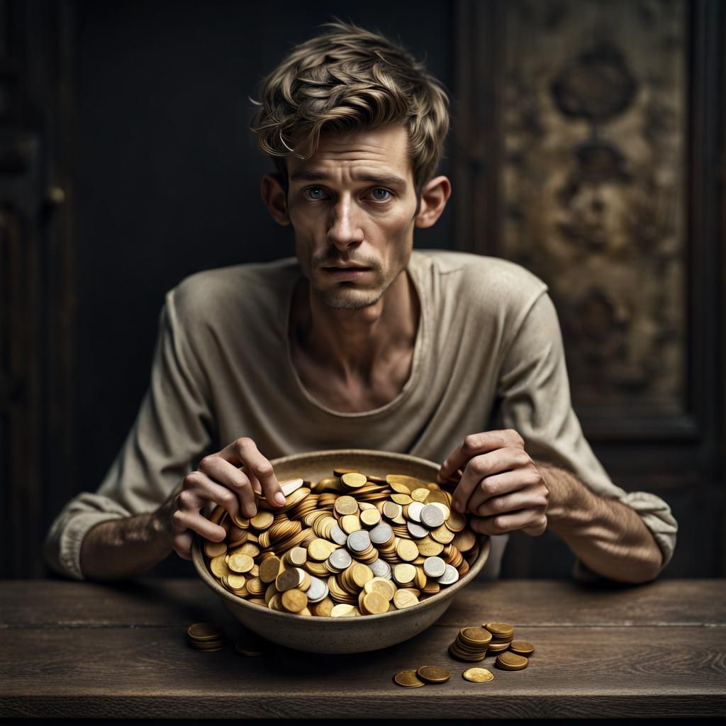 Sad Man with Bowl of Gold Coins