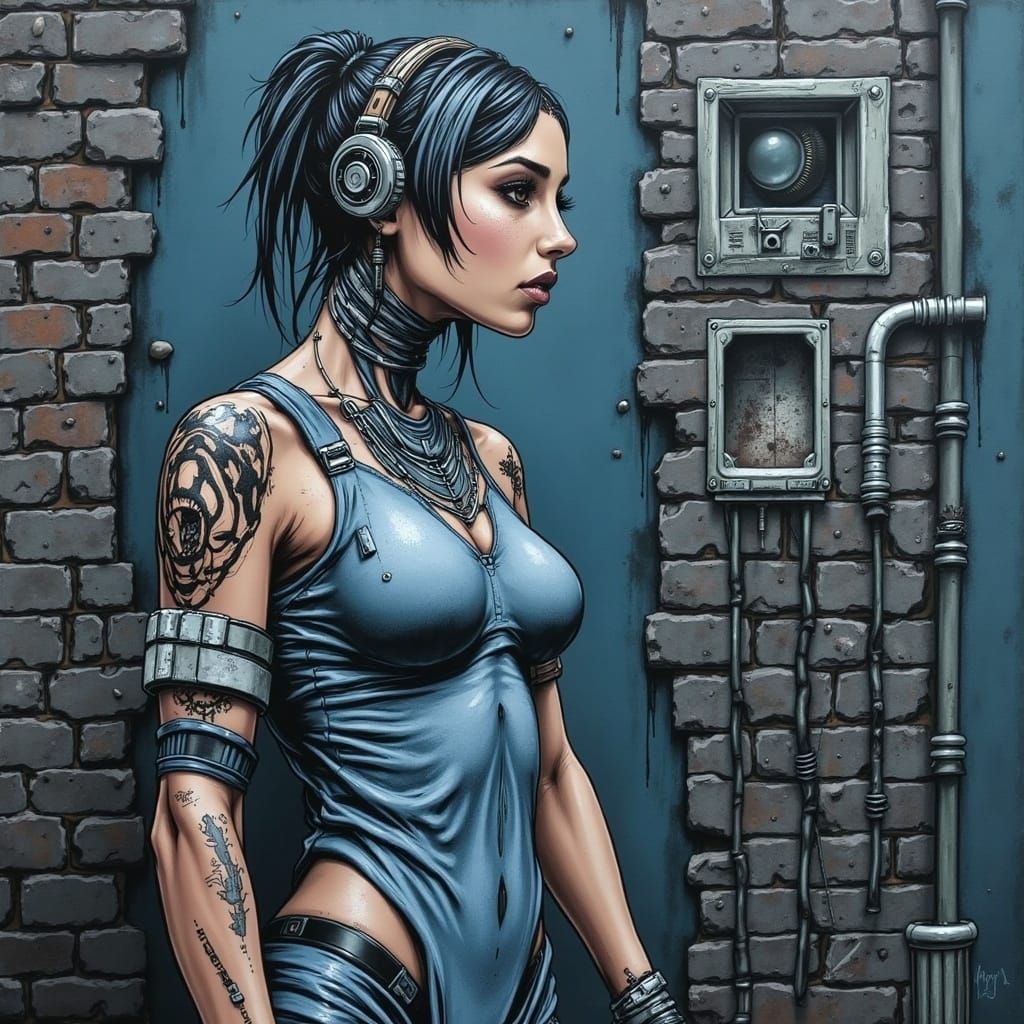 Cyborg Woman with Babylonian Tattoos in Giger Style