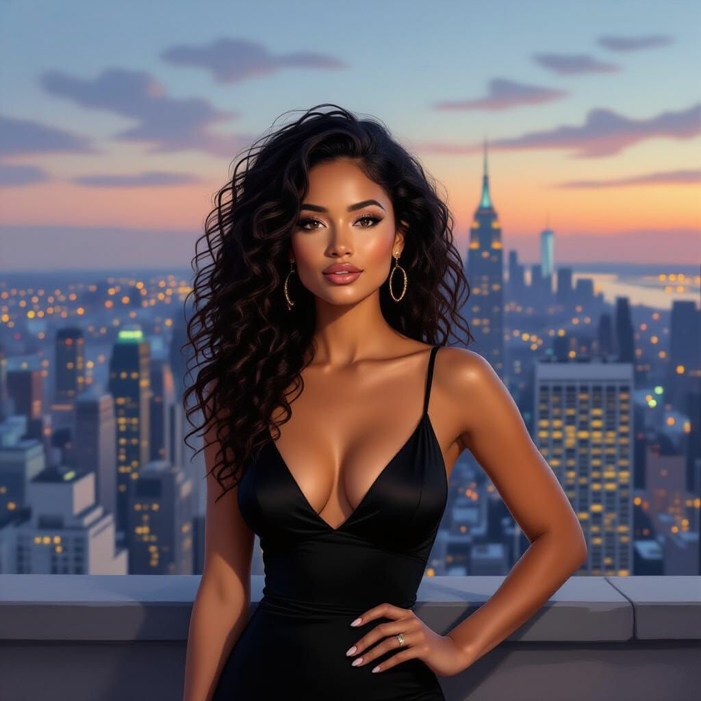 Woman Posing on Rooftop Overlooking Cityscape at Dusk