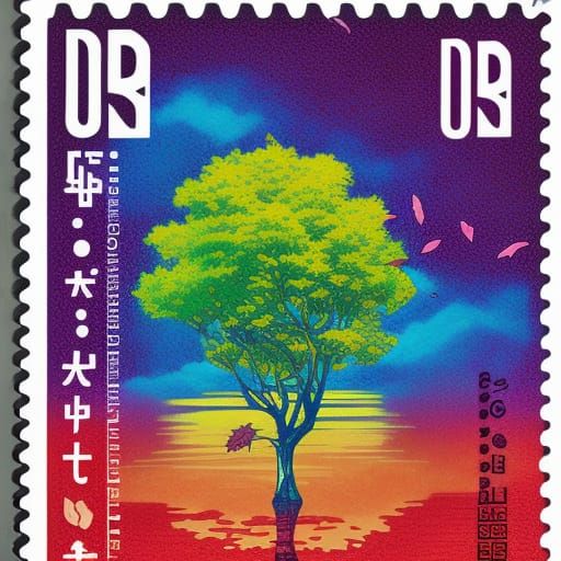 Sakura Tree Stamp Art in Vivid Warm Colors