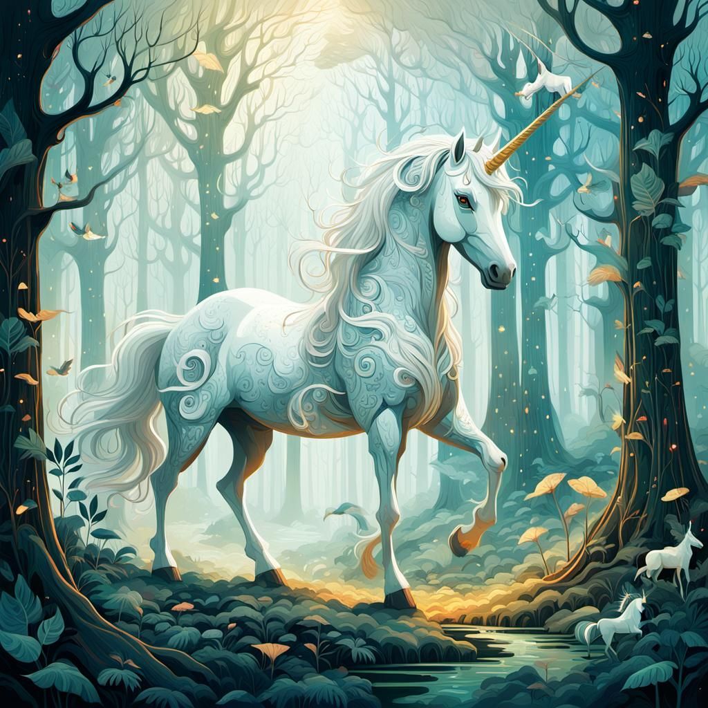 Unicorn in Magical Woods, Digital Matte Painting
