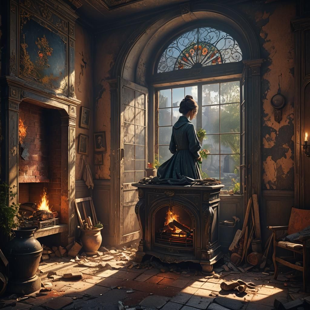 Elegant Woman in Abandoned Room, Fantasy Concept Art