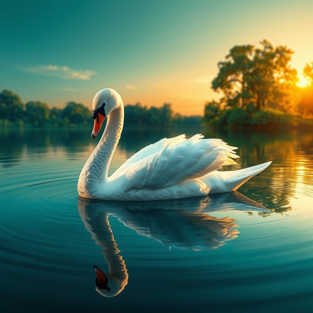 Serenely Gliding Swan in Vibrant, Hyperrealistic Art