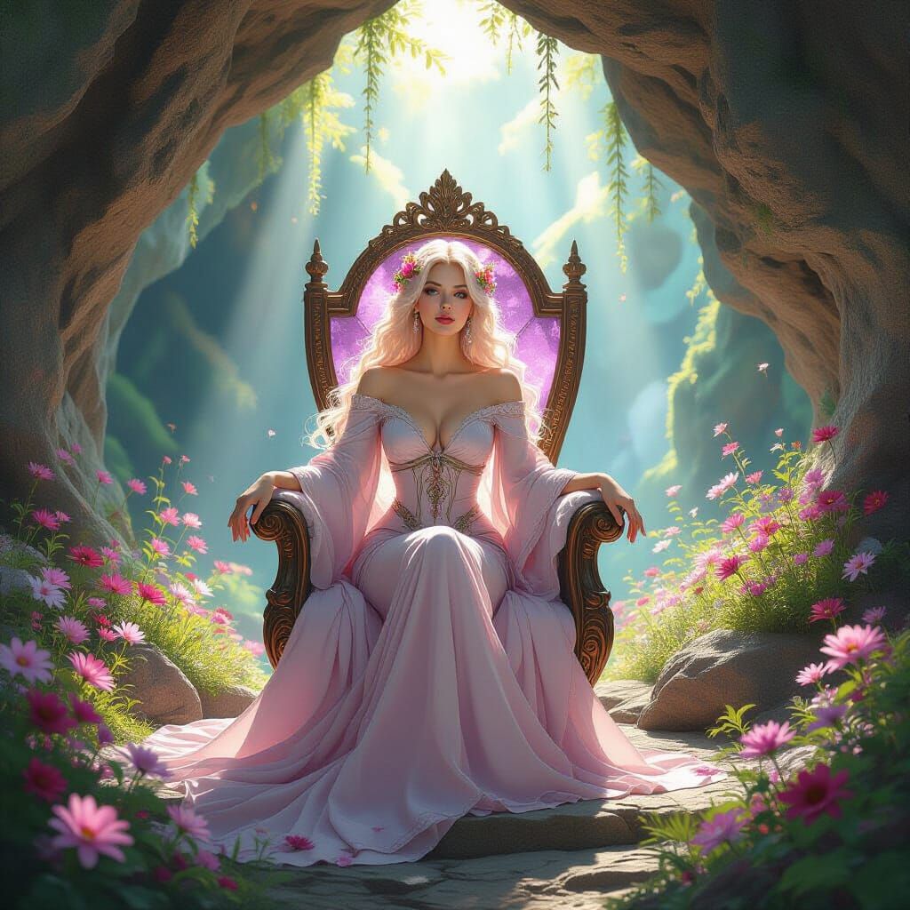 Majestic Woman with Cherry Blossom Hair in Art Nouveau Style