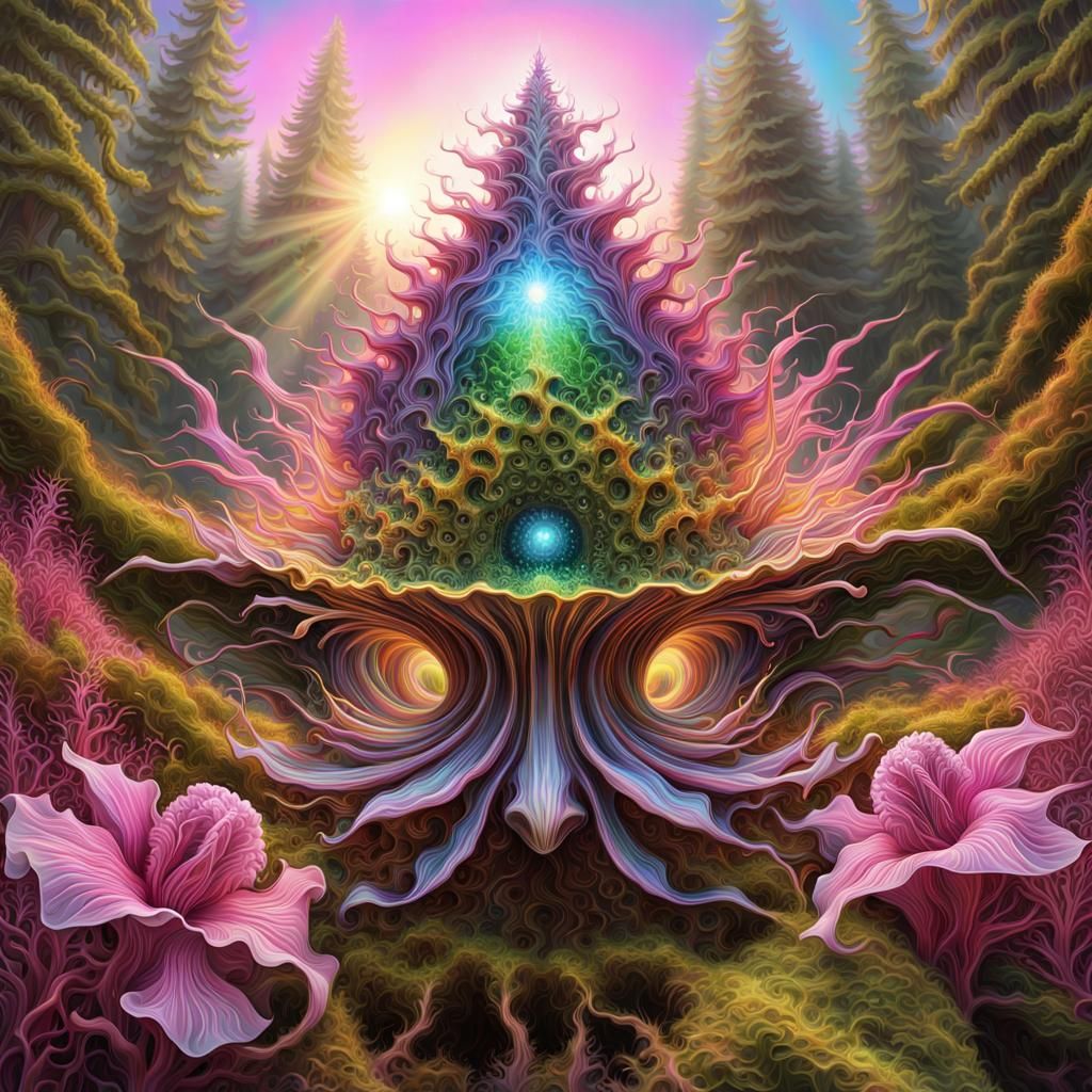 Hyperrealistic AI Mandelbulb Alien in Sunburst Forest