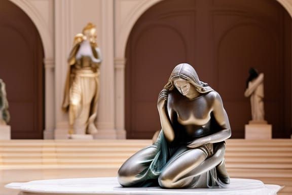 Marble Statue of Kneeling Woman in White Room