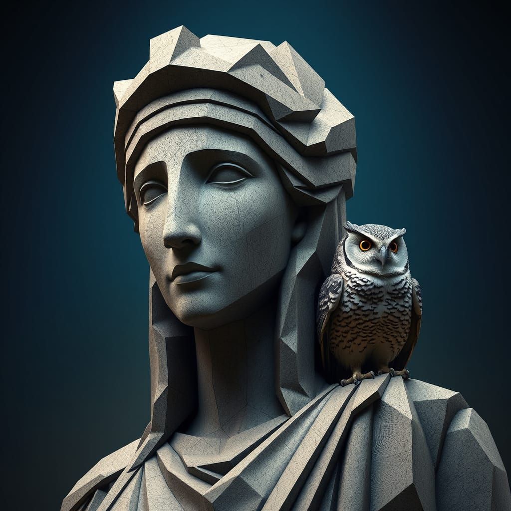 Stark Cubist Athena Statue with Owl, Geometric Facets and Mu...