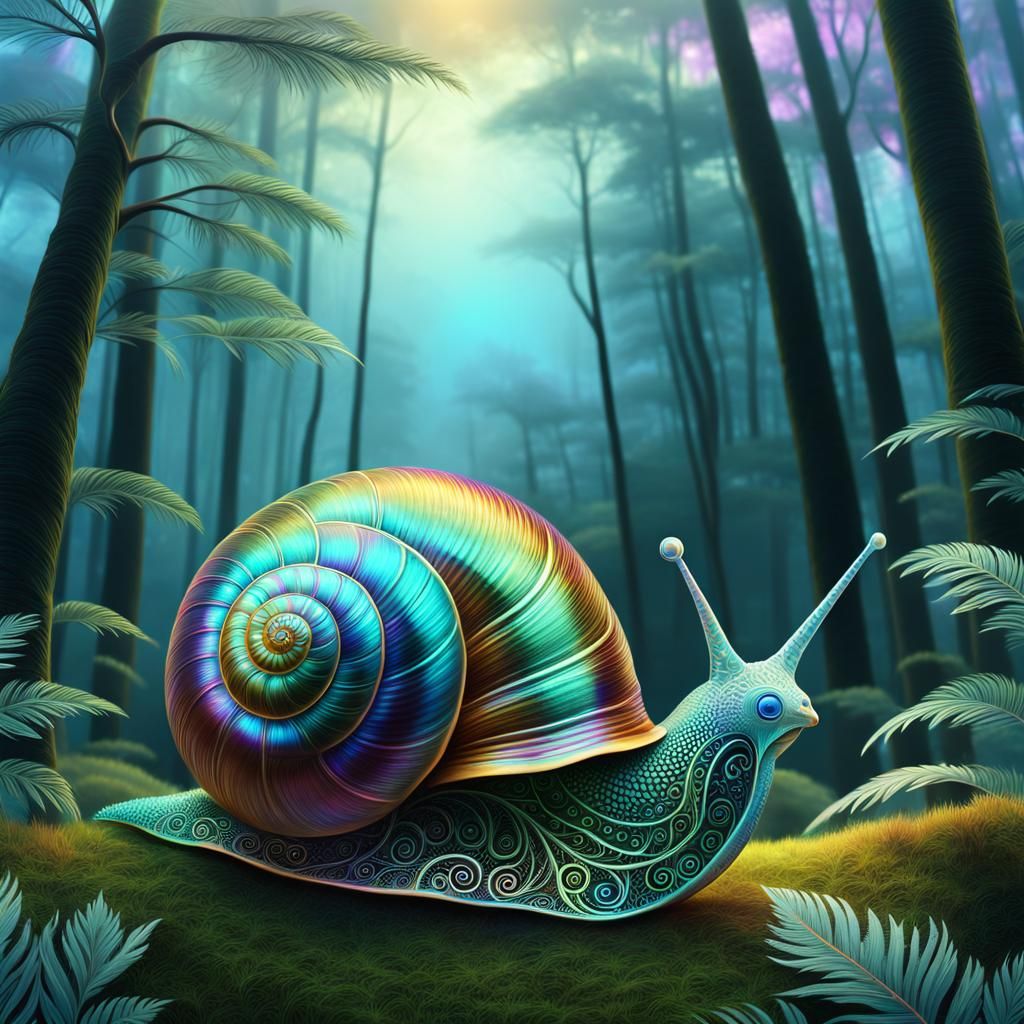 Iridescent Snail Shell in Misty Woodland, Fractal Vector Art